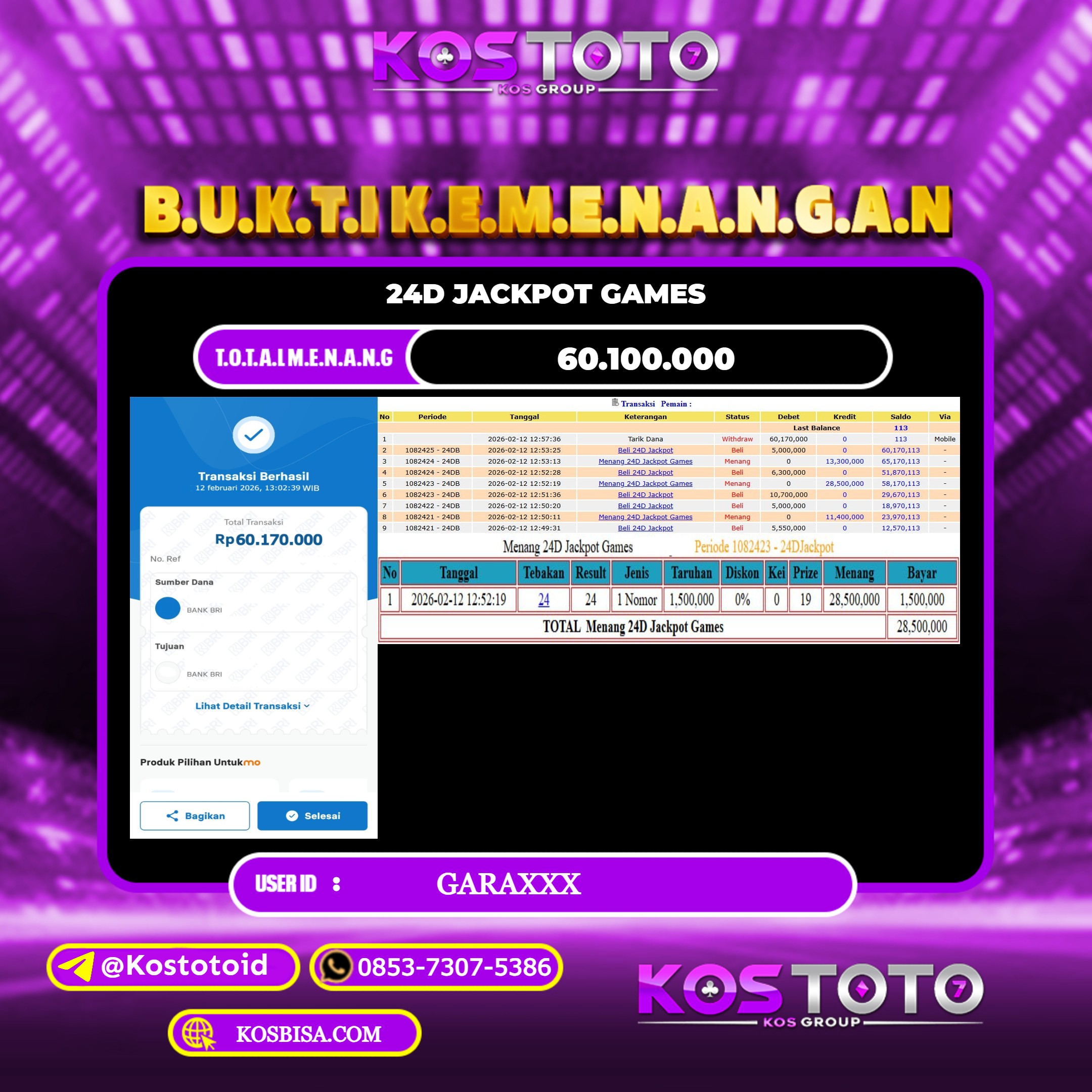 KOSTOTO JACKPOT CASINO 24D JACKPOT GAMES Rp.60.100.000,- LUNAS USER ID : GARA***