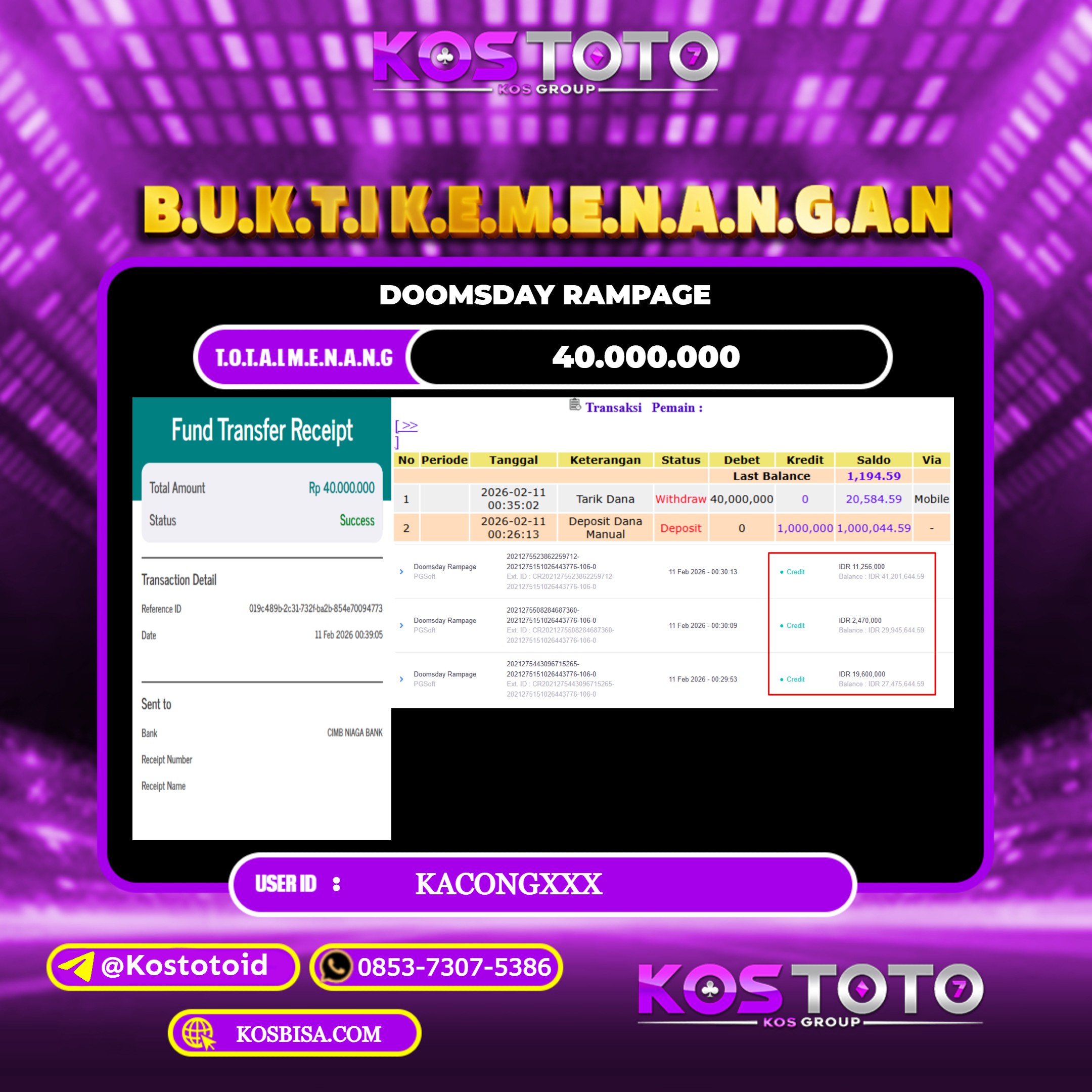 KOSTOTO JACKPOT SLOT DOOMSDAY RAMPAGE RP.40.000.000,- LUNAS USER ID : KACONG***