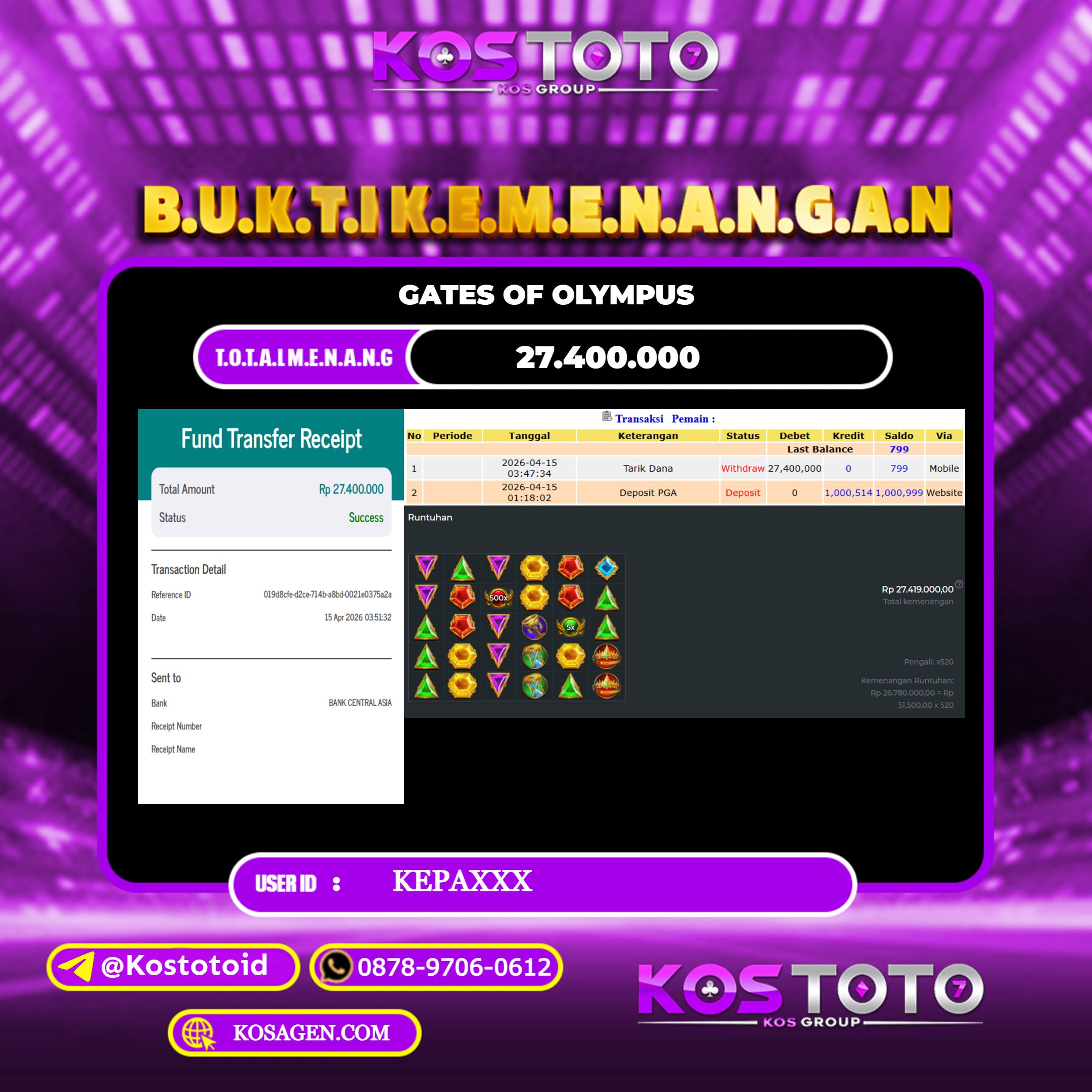 KOSTOTO JACKPOT SLOT GATES OF OLYMPUS Rp.27.400.000,- LUNAS USER ID : KEPA***