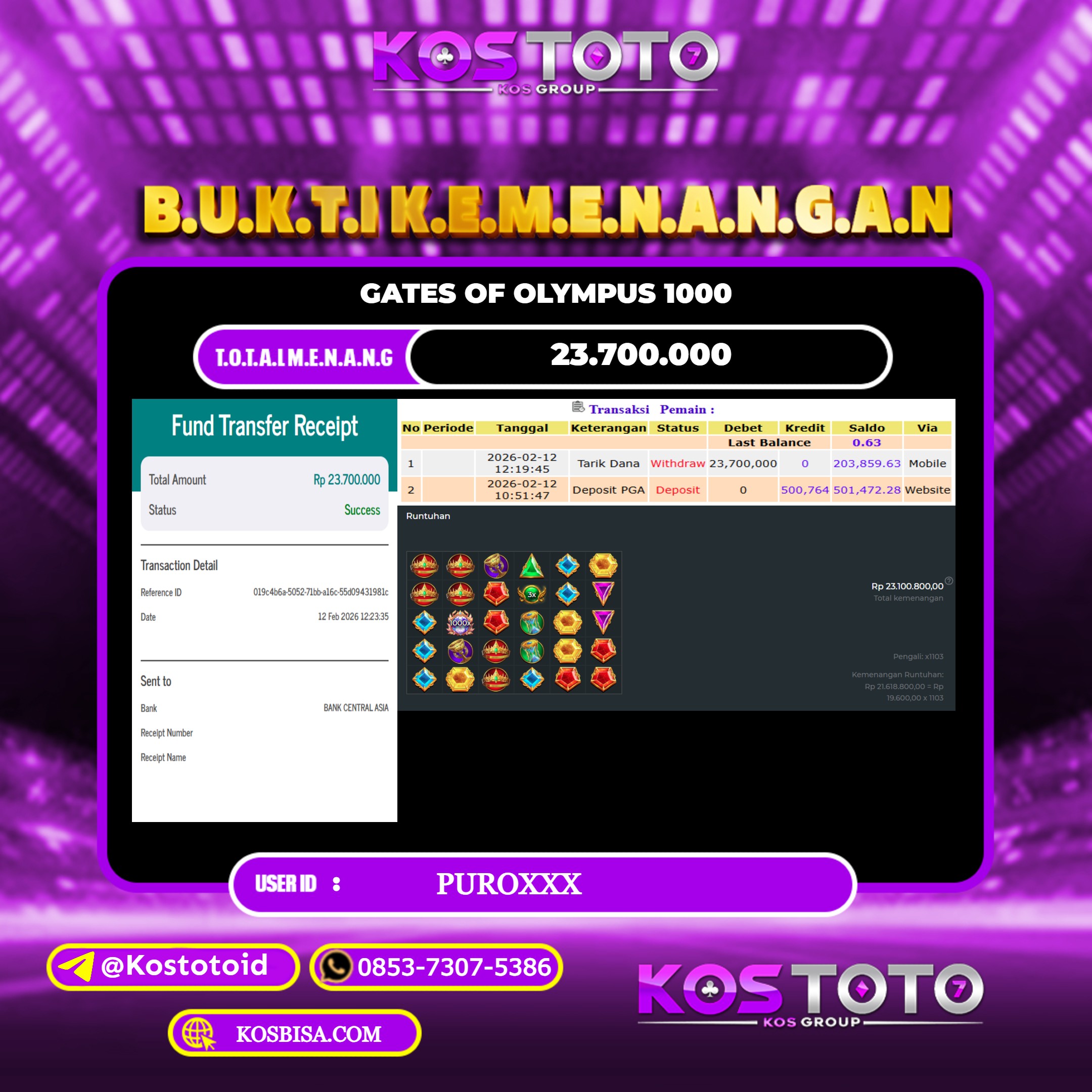 KOSTOTO JACKPOT SLOT GATES OF OLYMPUS 1000 RP.23.700.000,- LUNAS USER ID : PURO*** 