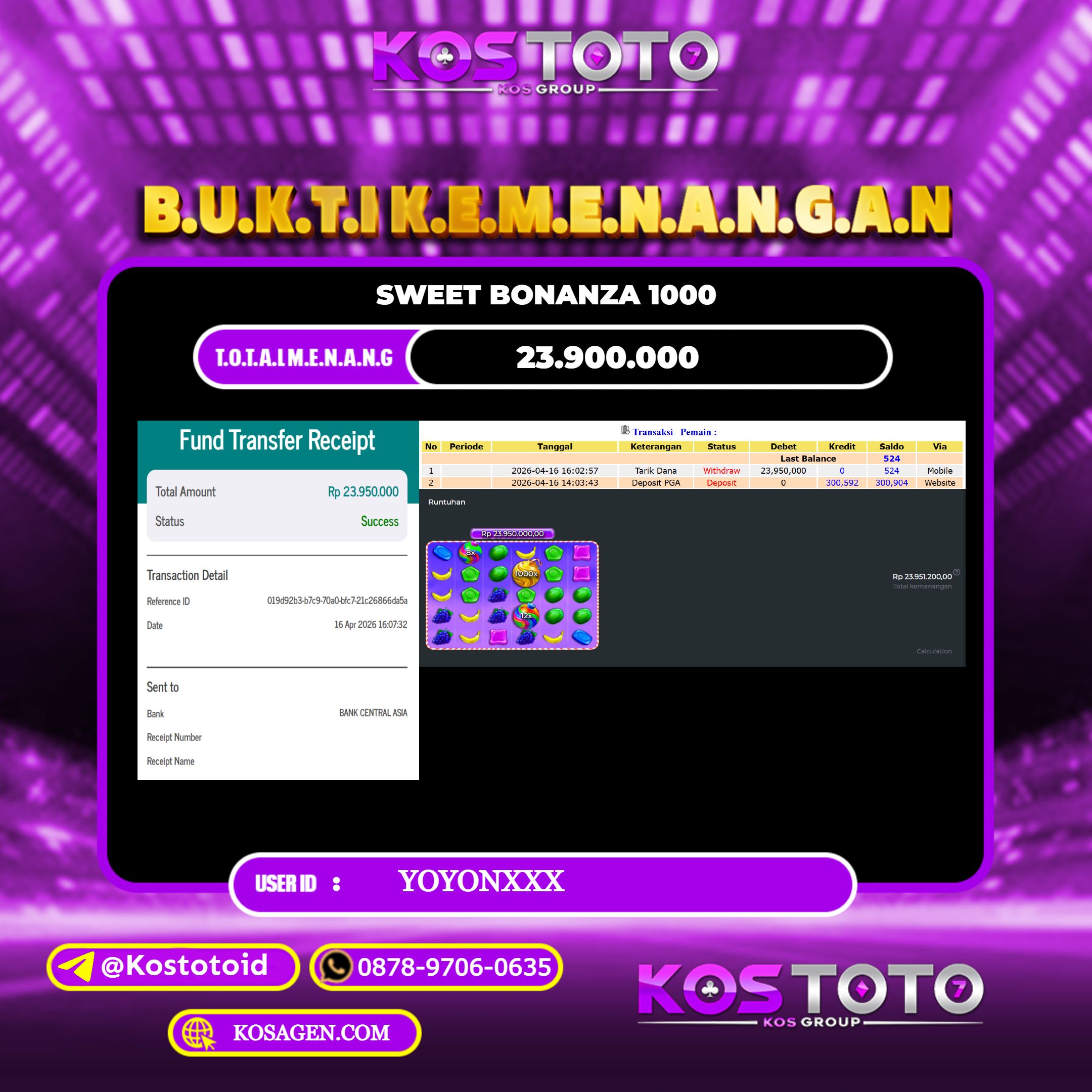 KOSTOTO JACKPOT SLOT SWEET BONANZA 1000 Rp.23.900.000,- LUNAS USER ID : YOYON***