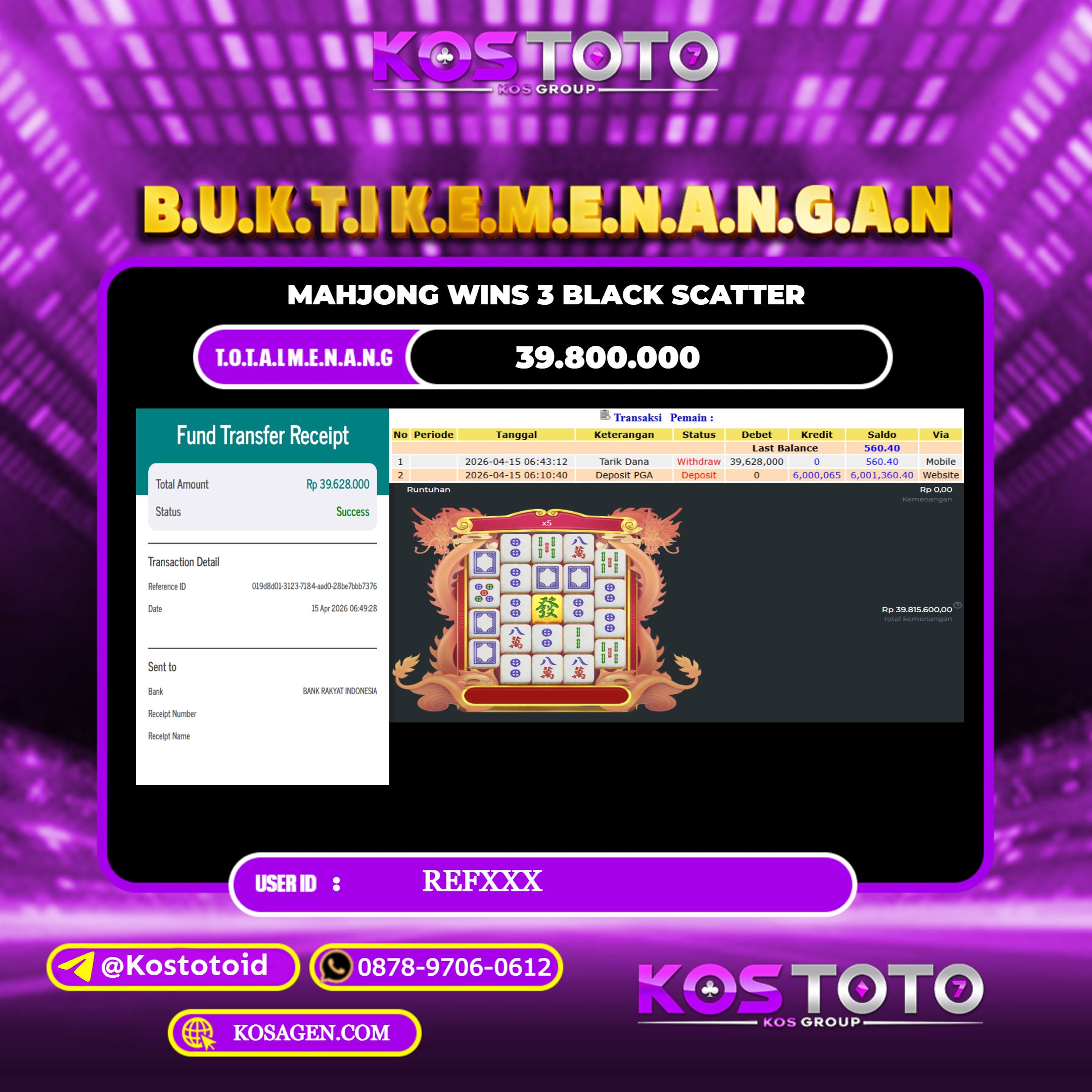 KOSTOTO JACKPOT SLOT MAHJONG WINS 3 BLACK SCATTER  Rp.39.800.000,- LUNAS USER ID : REF***