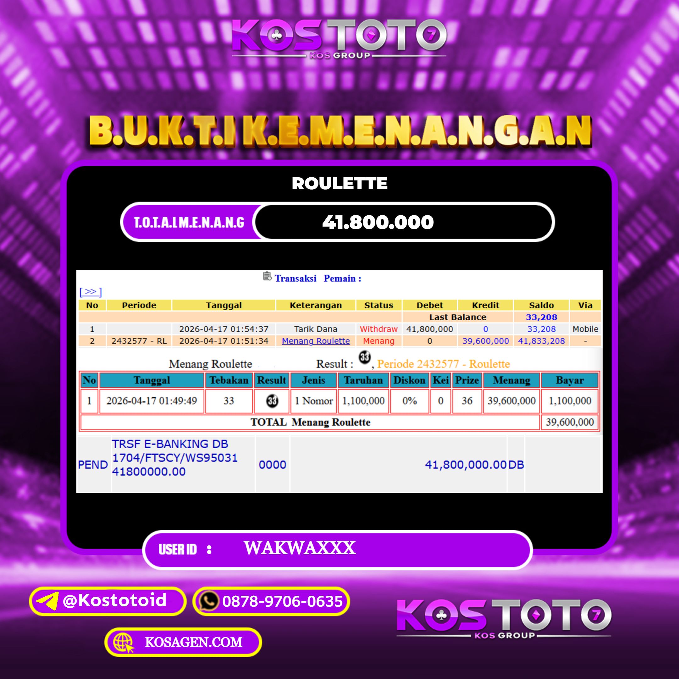 KOSTOTO JACKPOT CASINO ROULETTE Rp.41.800.000,- LUNAS USER ID : WAKWA***