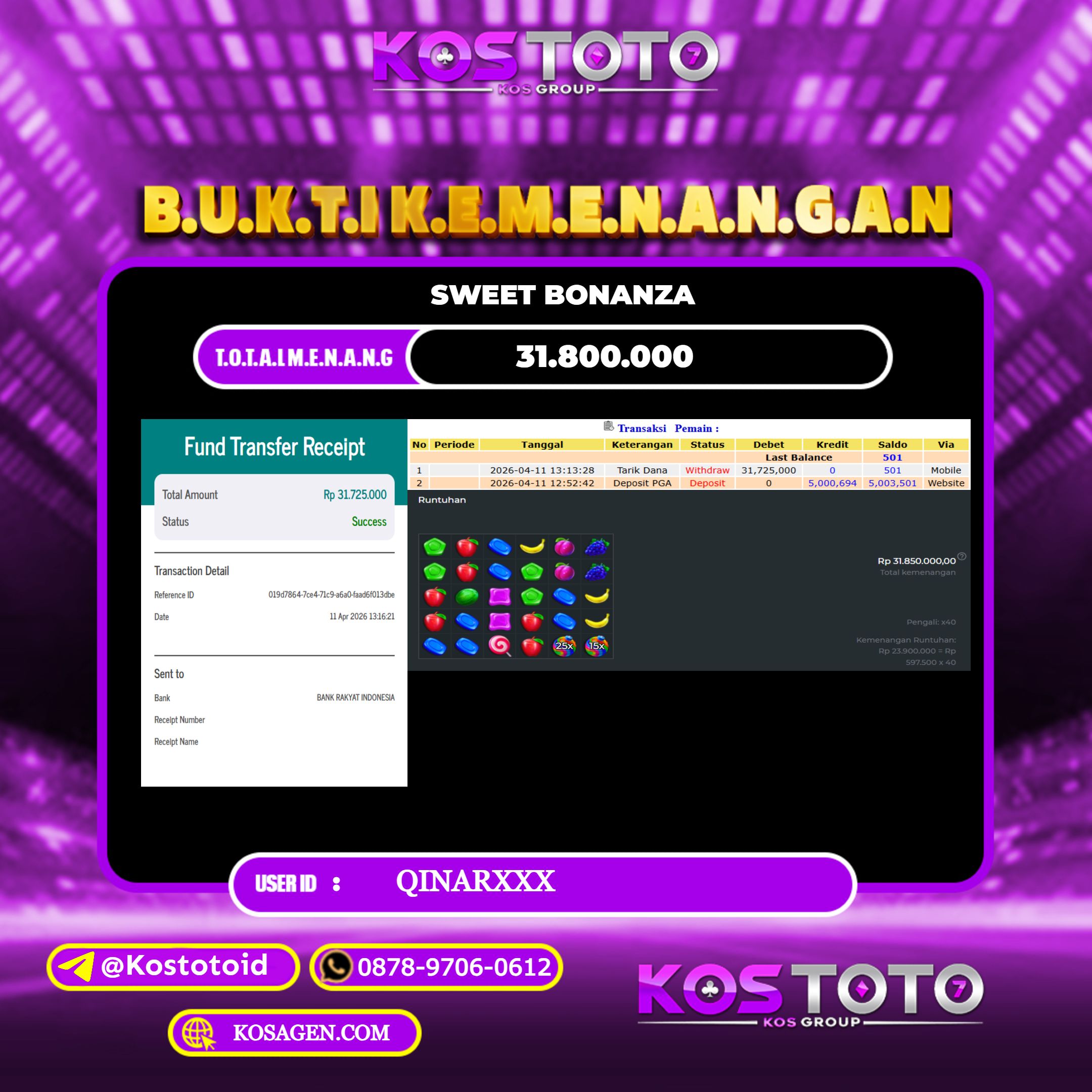 KOSTOTO JACKPOT SLOT SWEET BONANZA Rp.31.800.000,- LUNAS USER ID : QINAR****