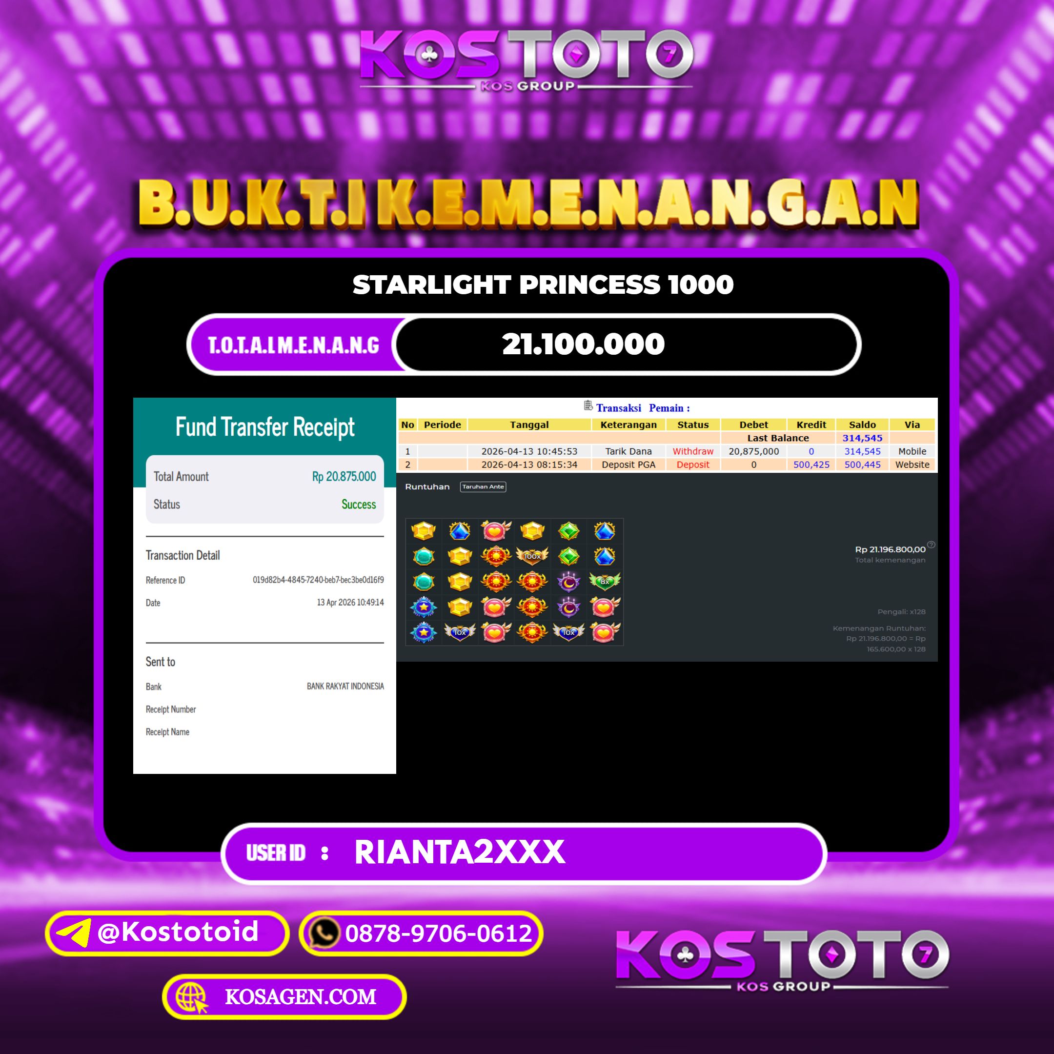 KOSTOTO JACKPOT SLOT STARLIGHT PRINCESS 1000 Rp.21.100.000,- LUNAS USER ID : RIANTA2***