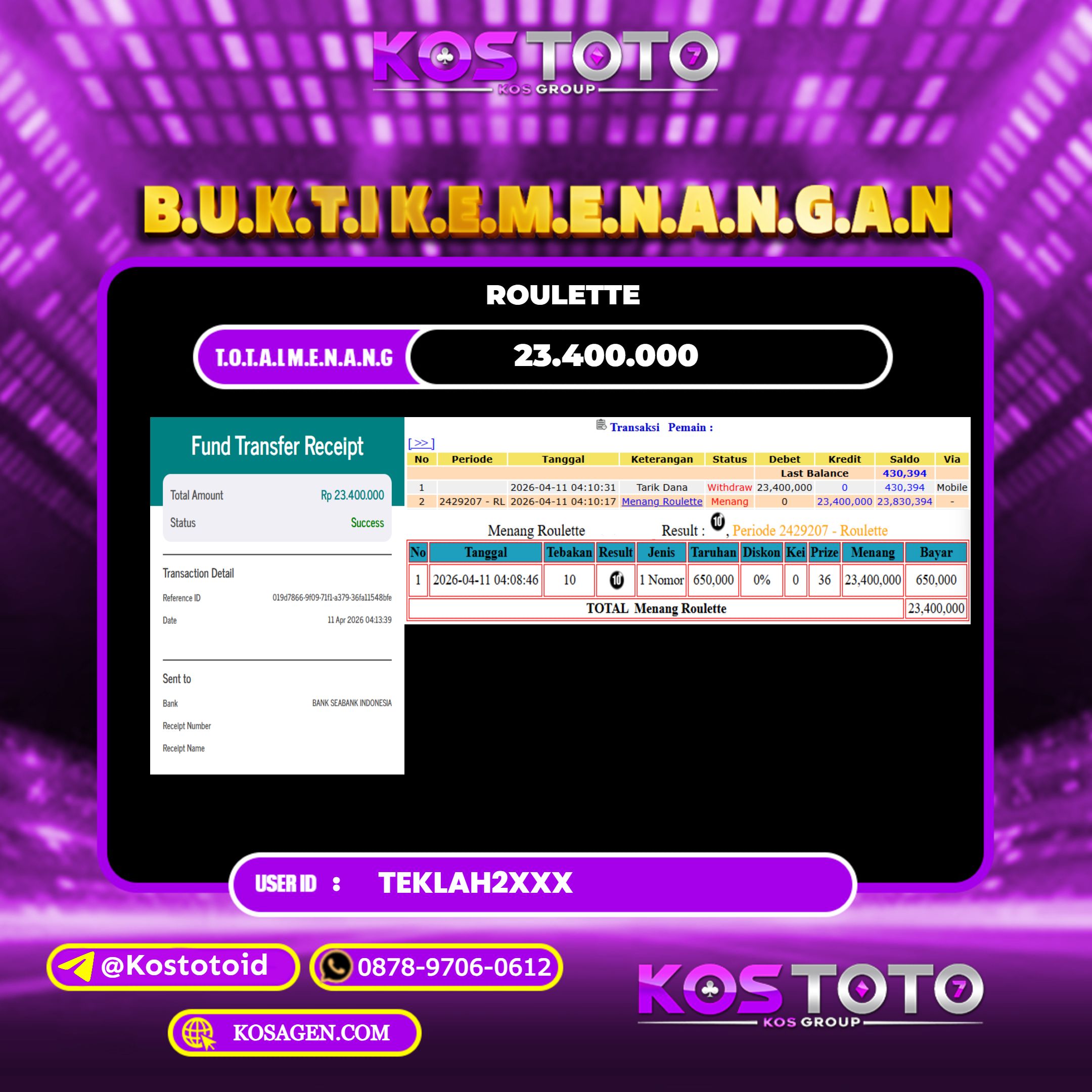 KOSTOTO JACKPOT CASINO ROULETTE Rp.23.400.000,- LUNAS USER ID : TEKLAH2****