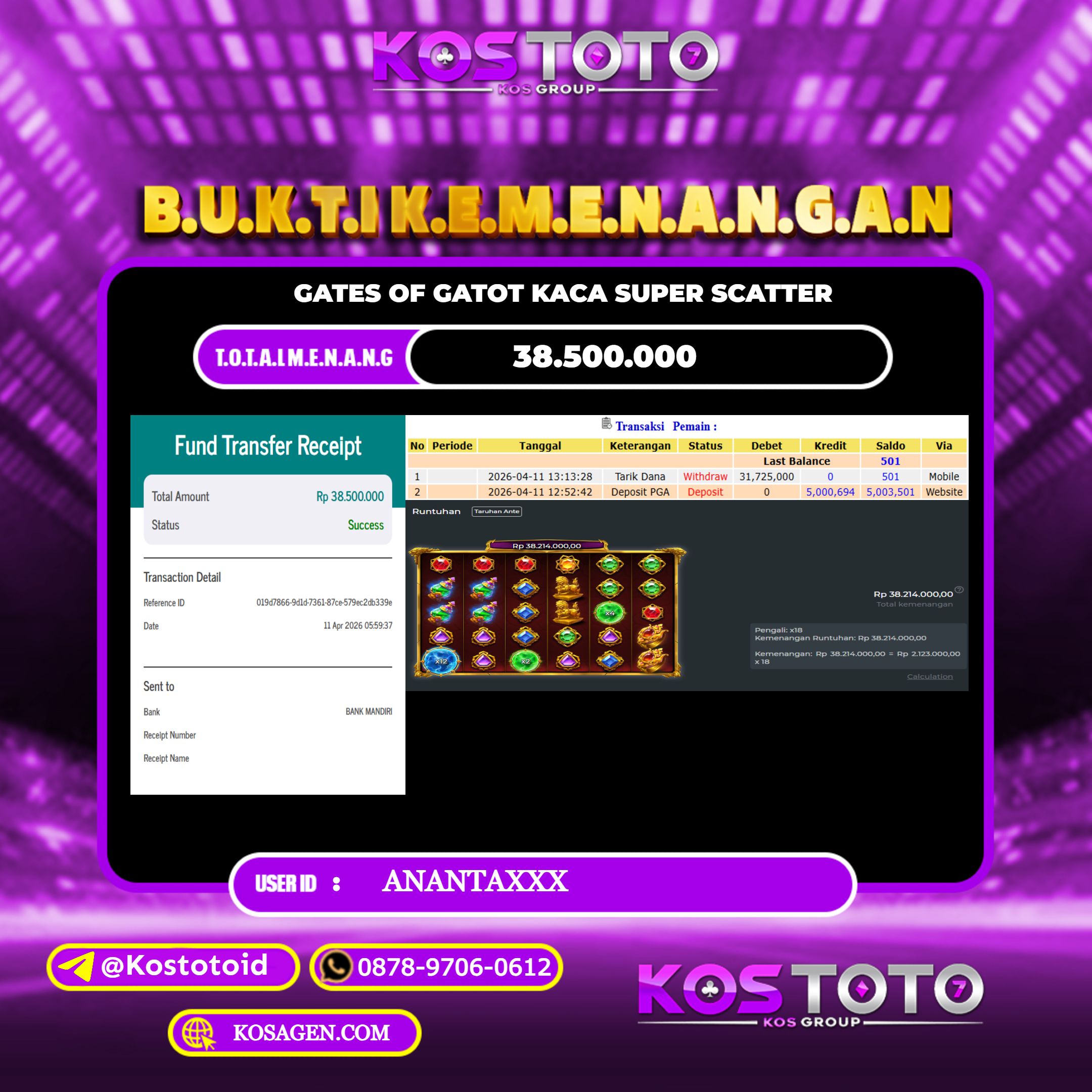 KOSTOTO JACKPOT SLOT GATOT OF KACA SUPER SCATTER Rp.38.500.000,- LUNAS USER ID : ANANTA***