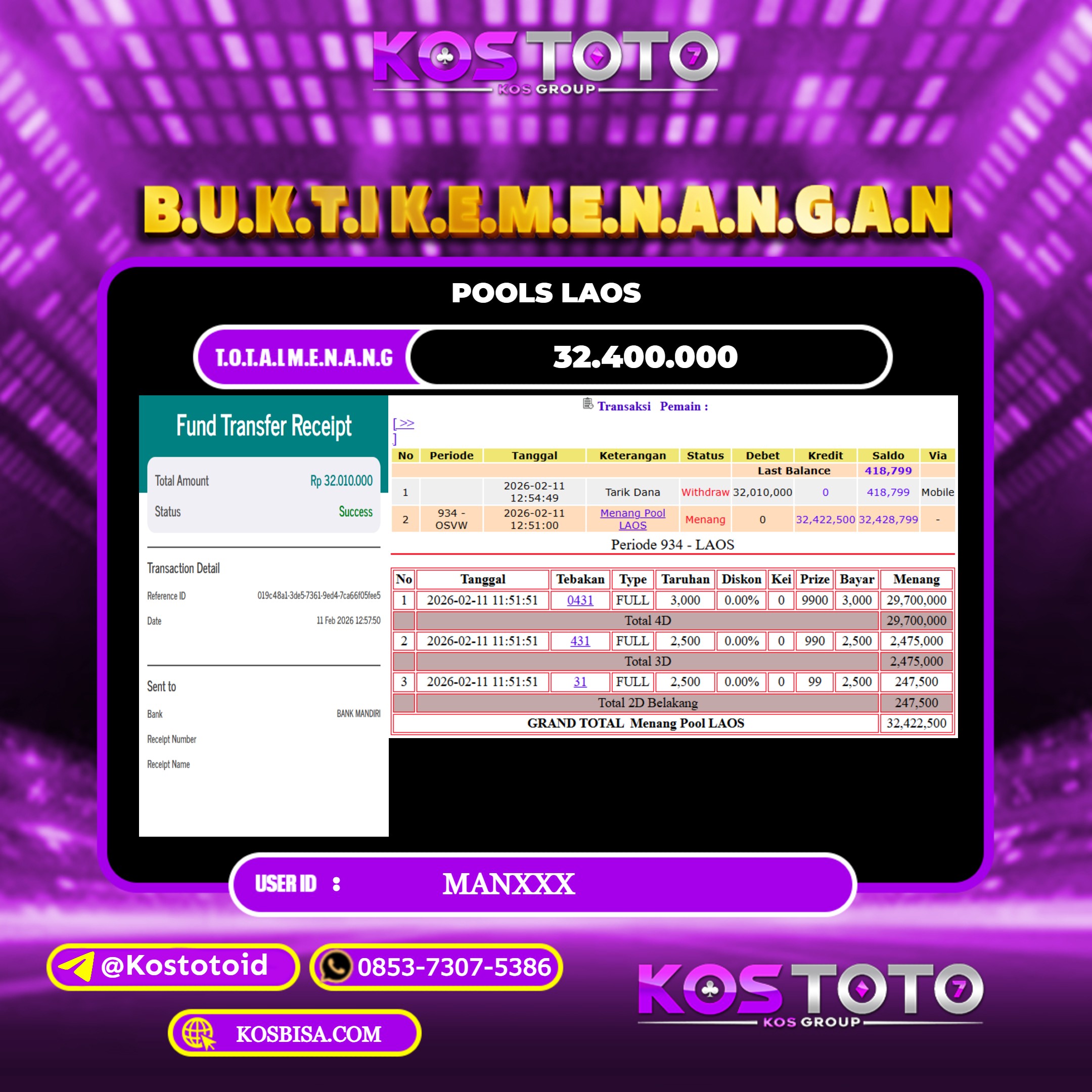KOSTOTO JACKPOT TOGEL LAOS Rp.32.400.000,- LUNAS USER ID : MAN***