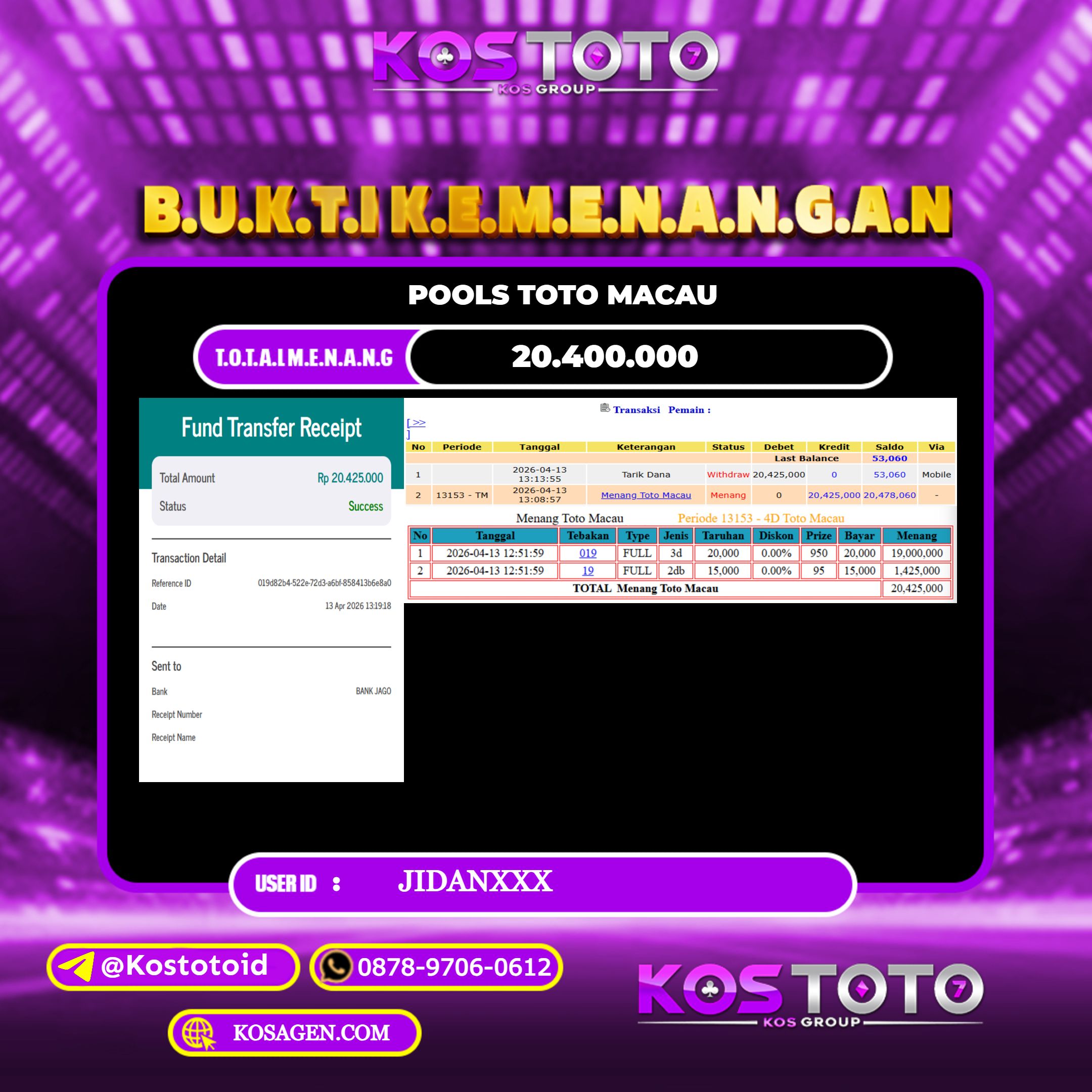 KOSTOTO JACKPOT TOGEL TOTOMACAU Rp.20.400.000,- LUNAS USER ID : JIDAN***