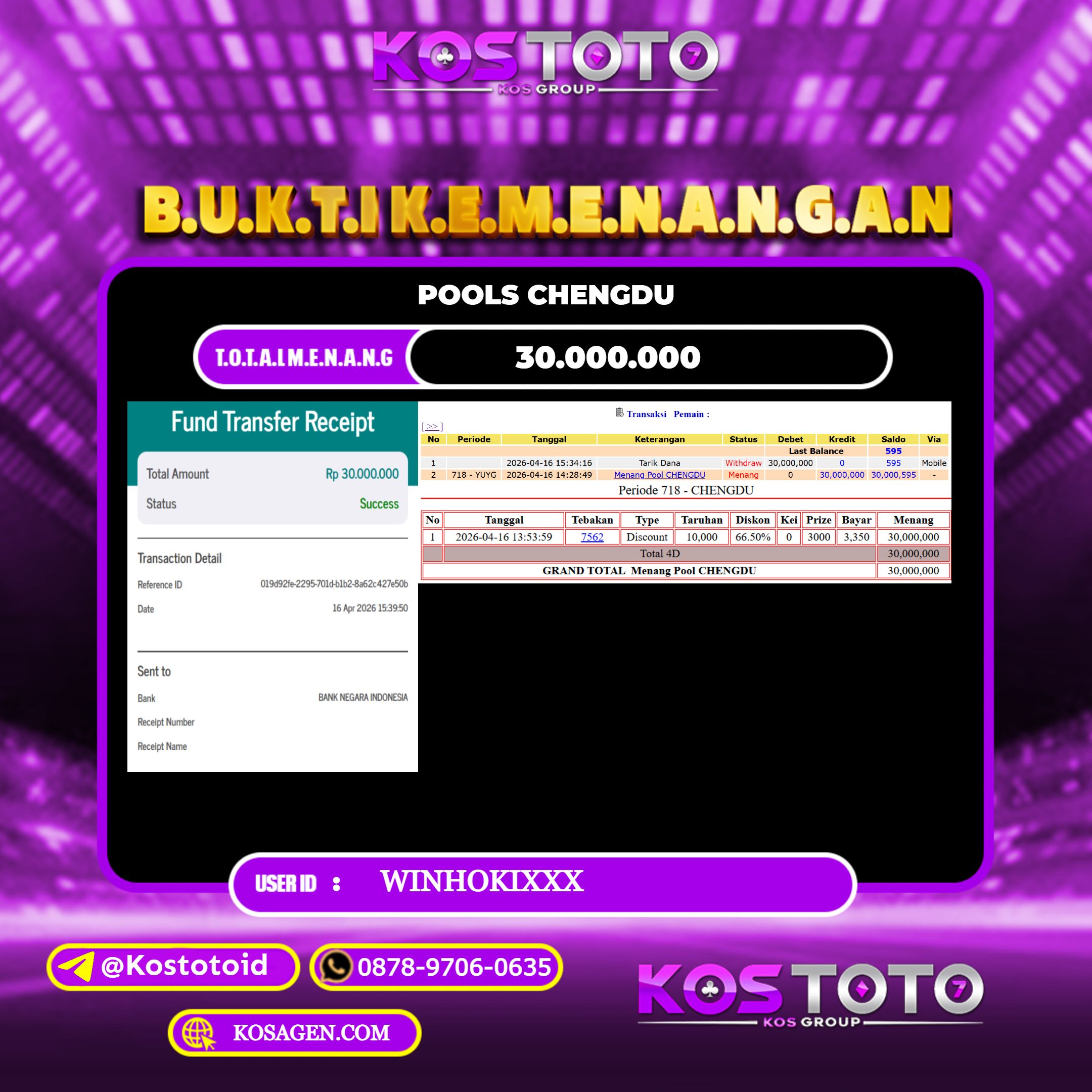 KOSTOTO JACKPOT TOGEL CHENGDU Rp.30.000.000,- LUNAS USER ID : WINHOKI***