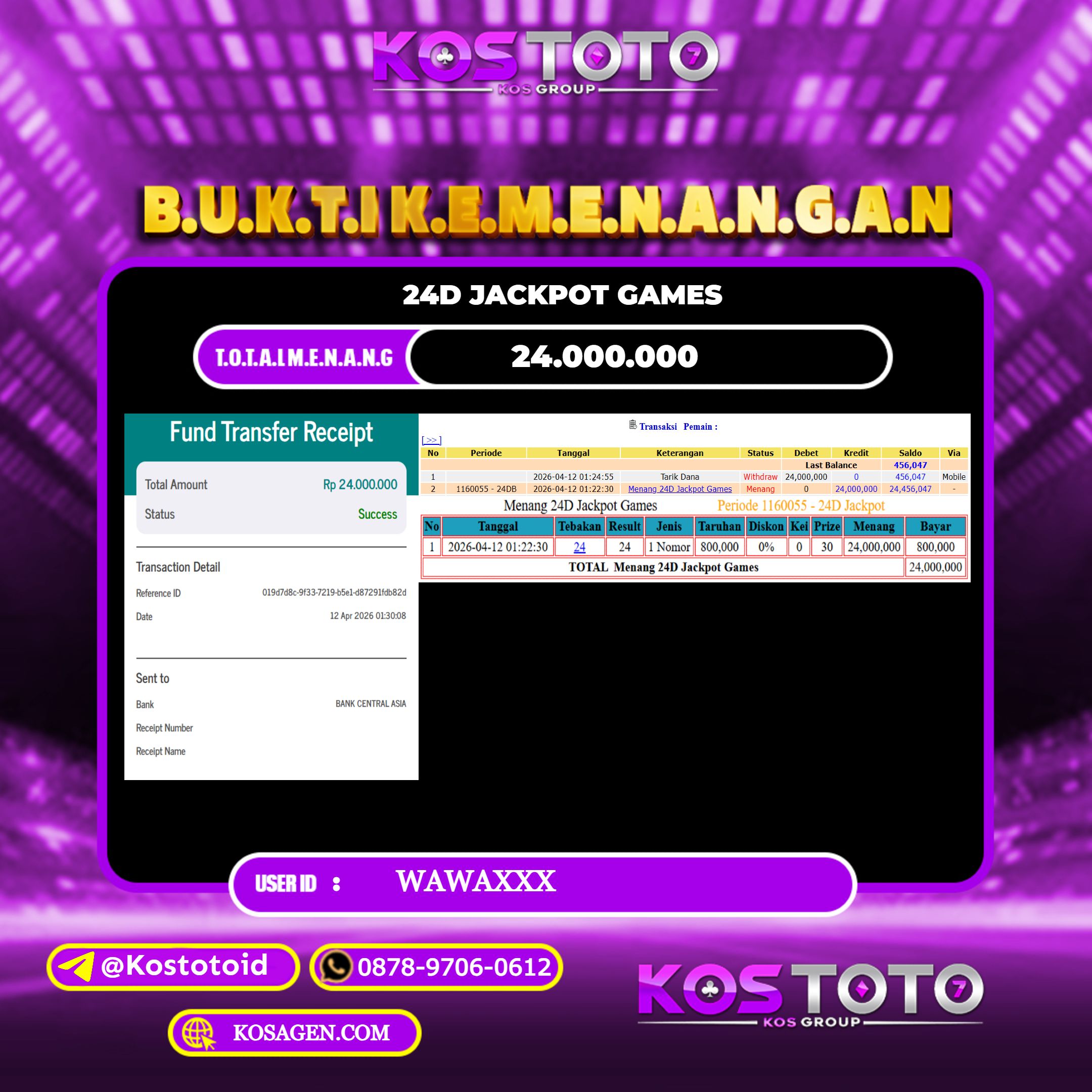 KOSTOTO JACKPOT CASINO 24D JAKCPOT GAMES Rp.24.000.000,- LUNAS USER ID : WAWA***