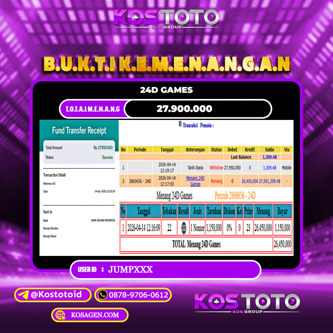 KOSTOTO JACKPOT CASINO 24D GAMES Rp.27.900.000,- LUNAS USER ID : JUMP***