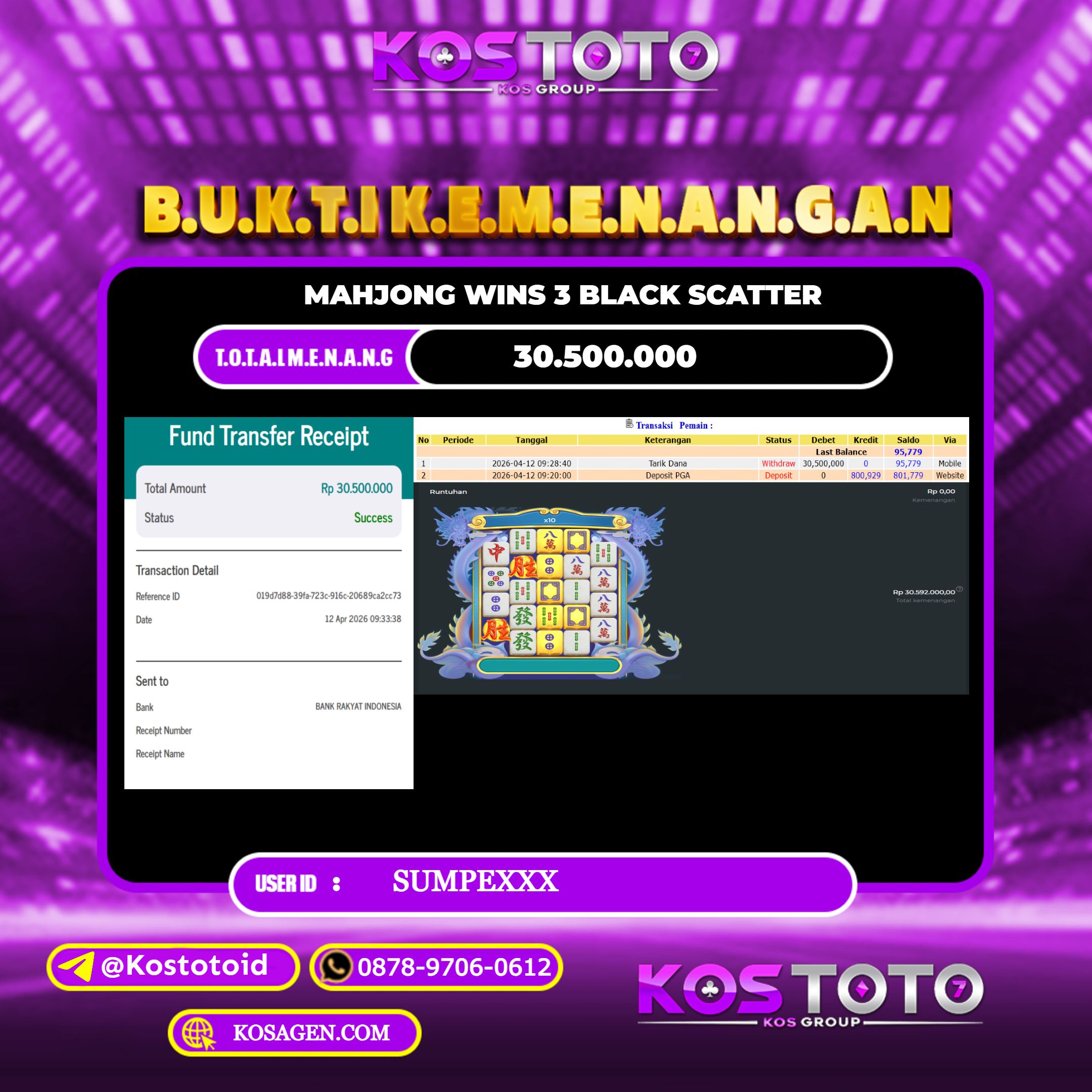 KOSTOTO JACKPOT SLOT MAHJONG 𝐖INS 3 BLACK SCATTER  Rp.30.500.000,- LUNAS USER ID : SUMPE****