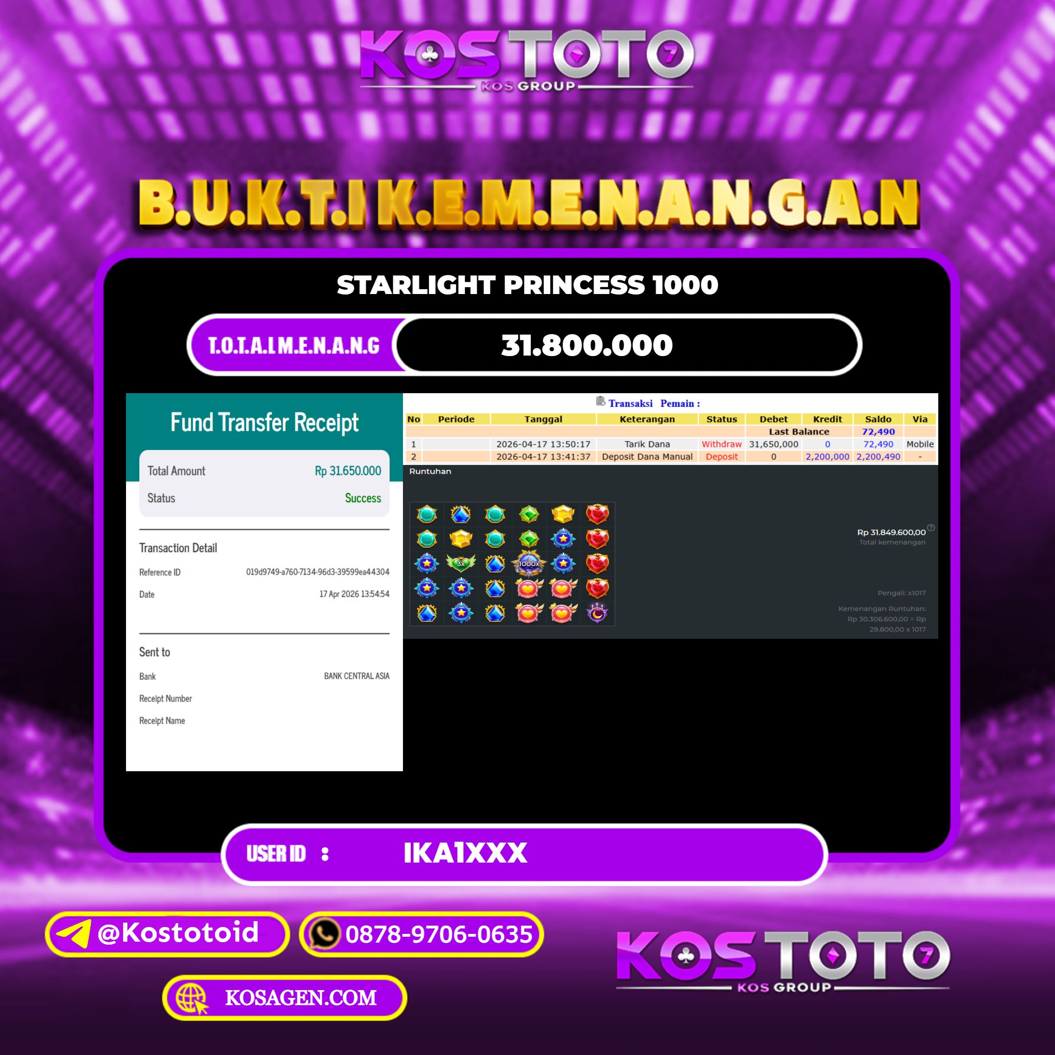 KOSTOTO JACKPOT SLOT STARLIGHT PRINCESS 1000 Rp.31.800.000,- LUNAS USER ID : IKA1***