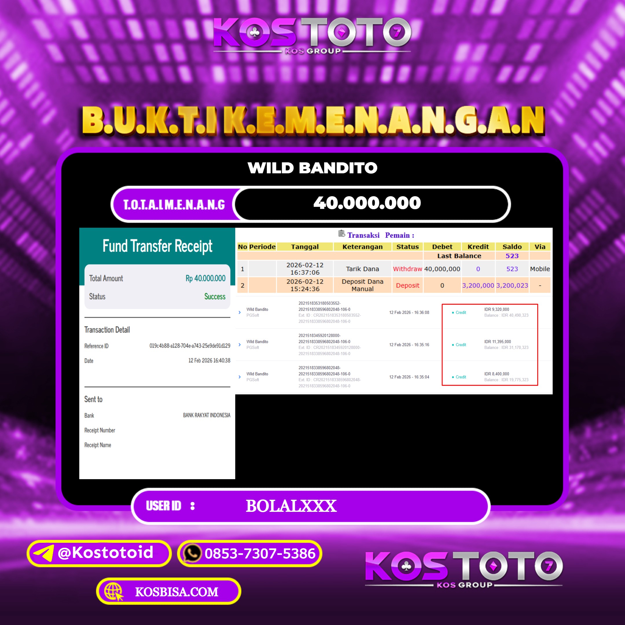 KOSTOTO JACKPOT SLOT WILD BANDITO RP.40.000.000,- LUNAS USER ID : BOLAL*** 