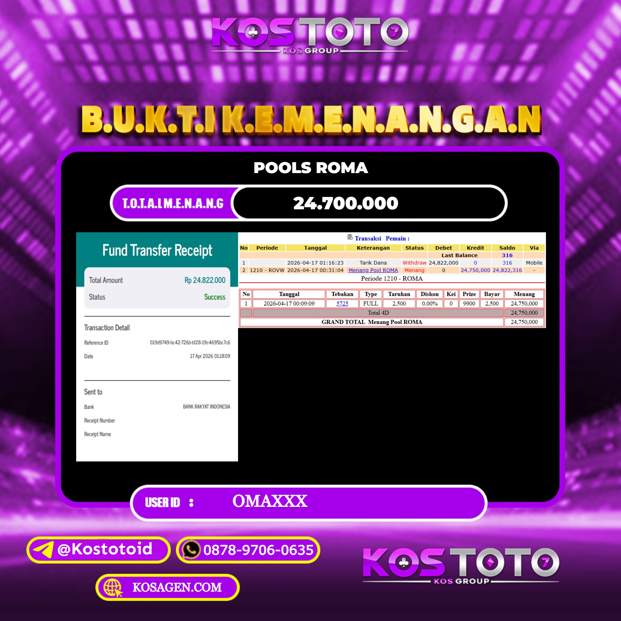 KOSTOTO JACKPOT TOGEL ROMA Rp.24.700.000,- LUNAS USER ID : OMA***