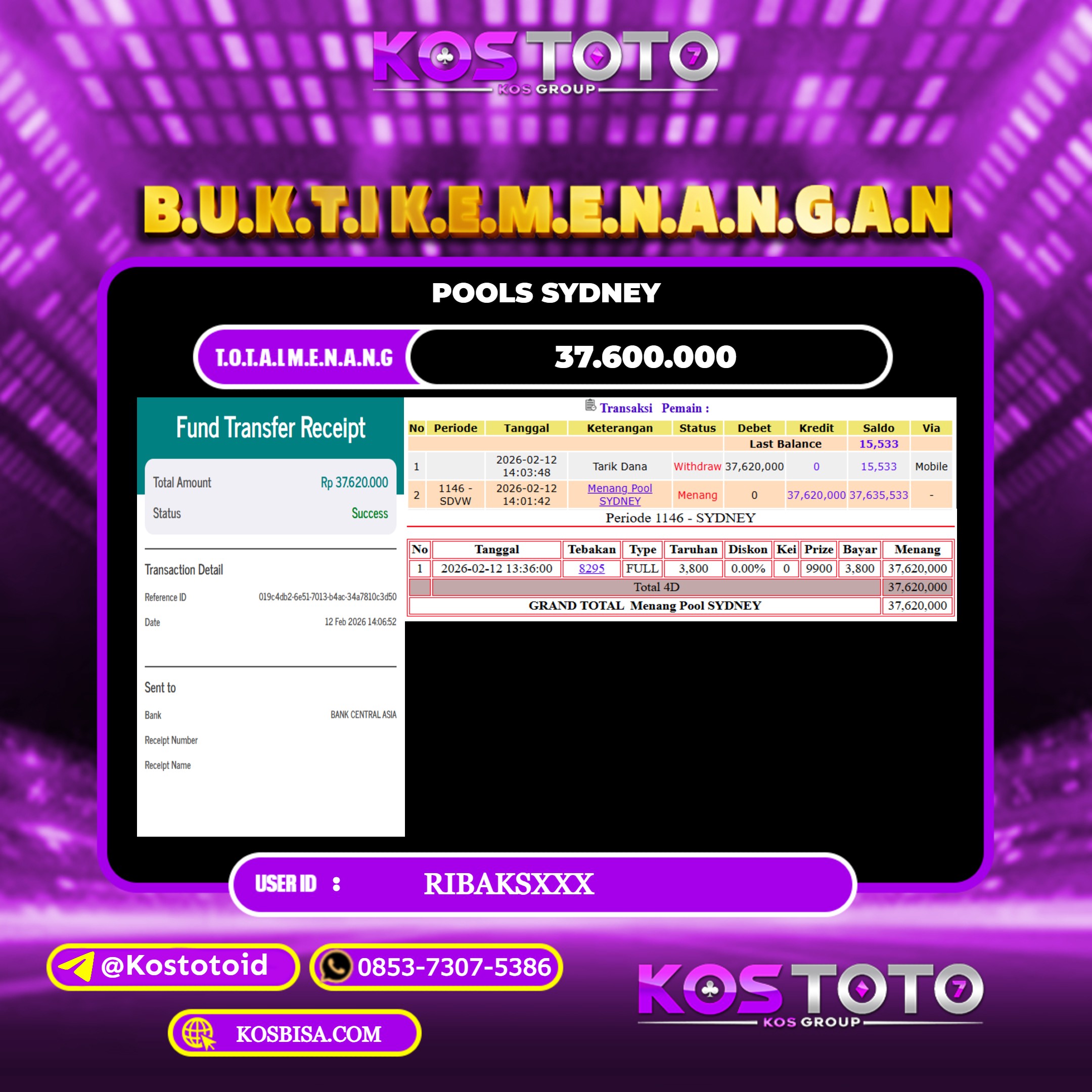 KOSTOTO JACKPOT TOGEL SYDNEY Rp.37.600.000,- LUNAS USER ID : RIBAKS***
