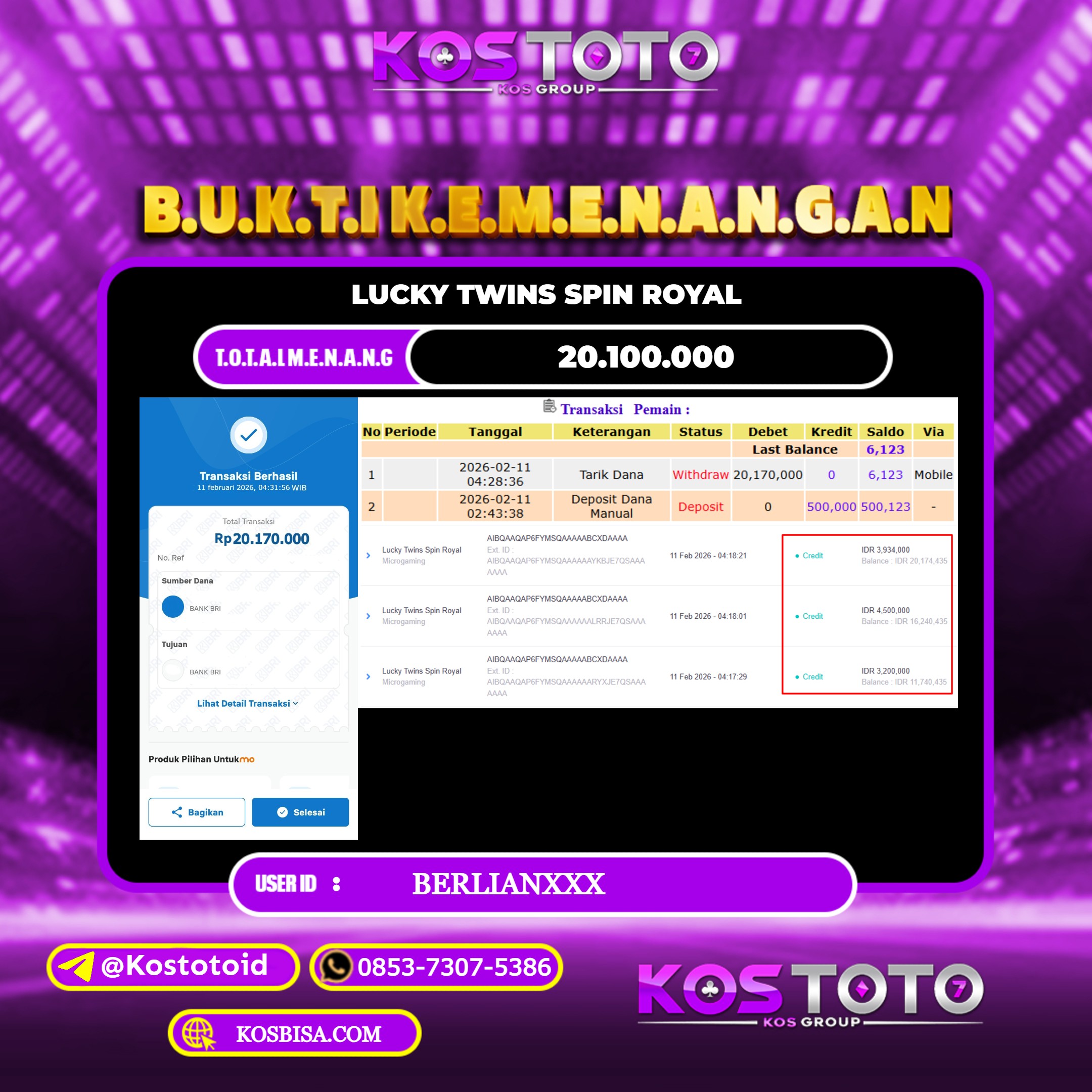 KOSTOTO JACKPOT SLOT LUCKY TWINS SPIN ROYAL RP.20.100.000,- LUNAS USER ID : BERLIAN***