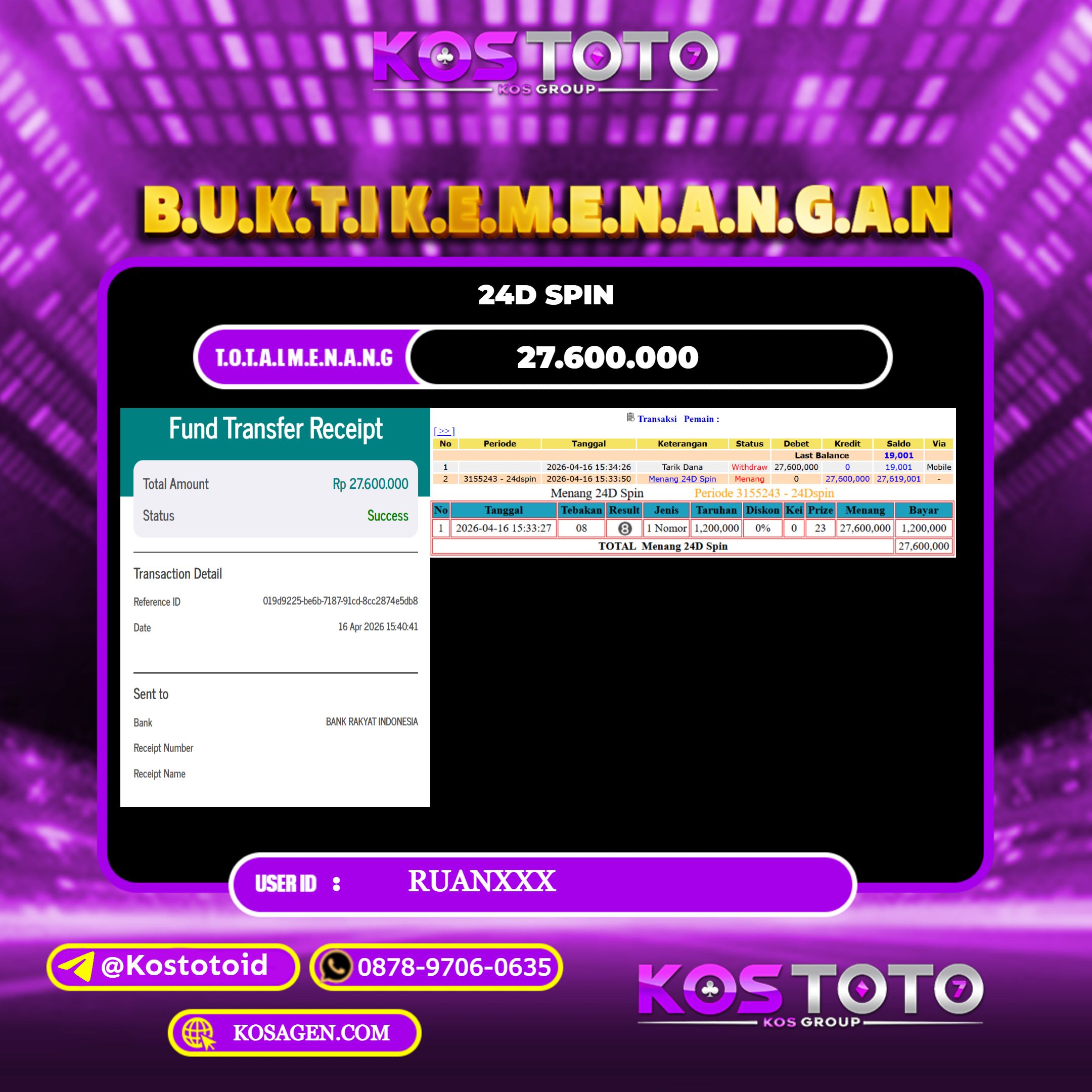 KOSTOTO JACKPOT CASINO 24D SPIN Rp.27.600.000,- LUNAS USER ID : RUAN***