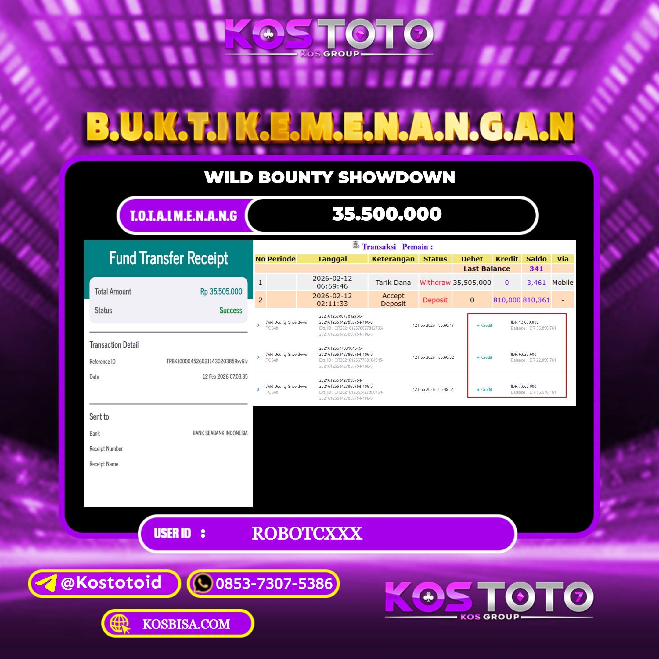 KOSTOTO JACKPOT SLOT WILD BOUNTY SHOWDOWN RP.35.500.000,- LUNAS USER ID : ROBOTC*** 